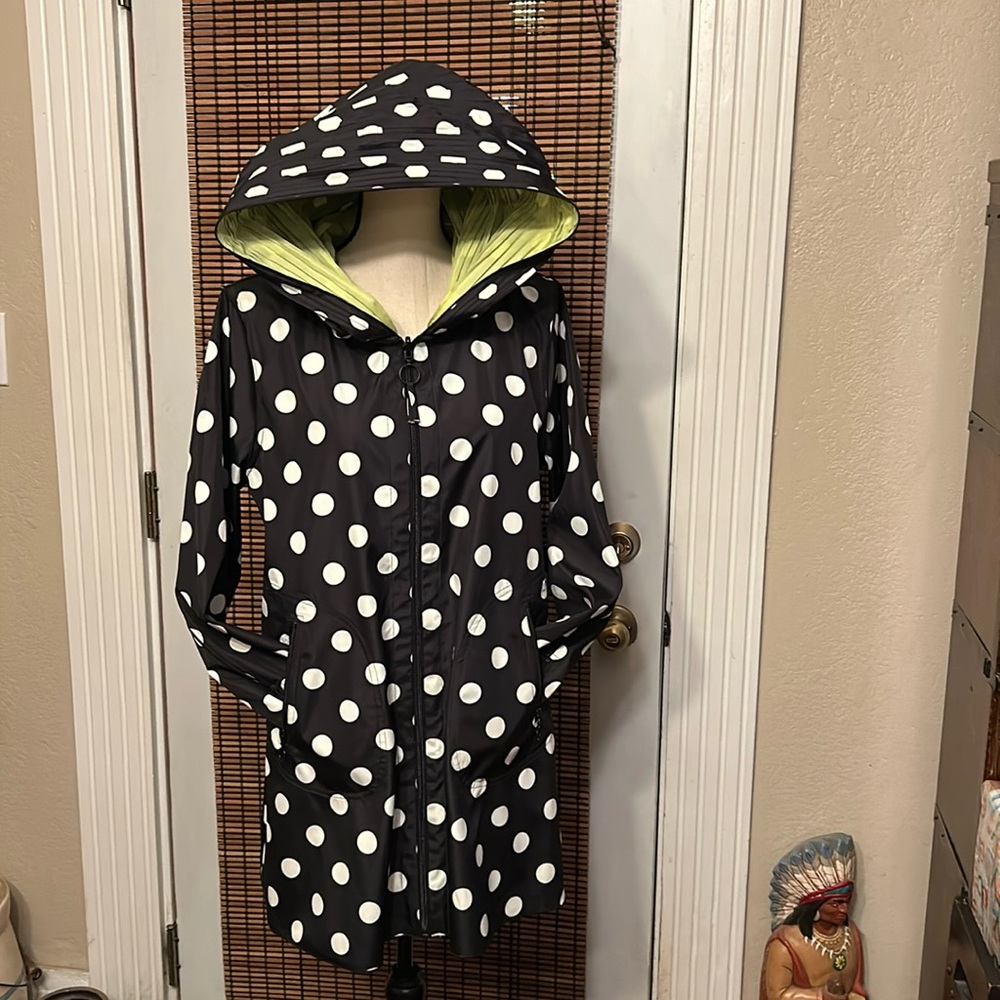 UbU Reversible Zip Parisian Rain Coat White Dot/Kiwi Size Medium NWT